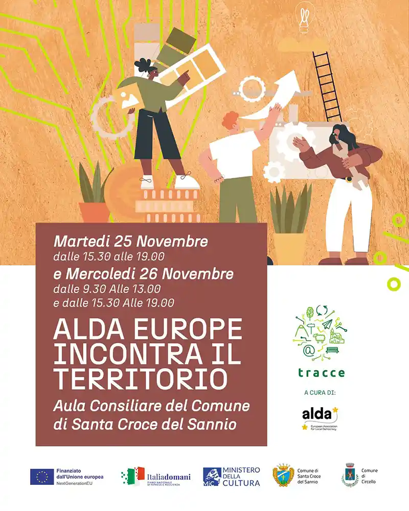 Locandina dell'evento “ALDA Europe incontra il territorio” con date del 25 e 26 novembre 2025 e sede presso l'Aula Consiliare del Comune di Santa Croce del Sannio.