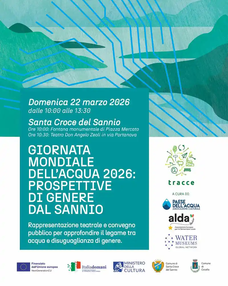 Locandina della Giornata Mondiale dell'Acqua 2026 "Prospettive di genere dal Sannio", in programma a Santa Croce del Sannio il 22 marzo 2026.