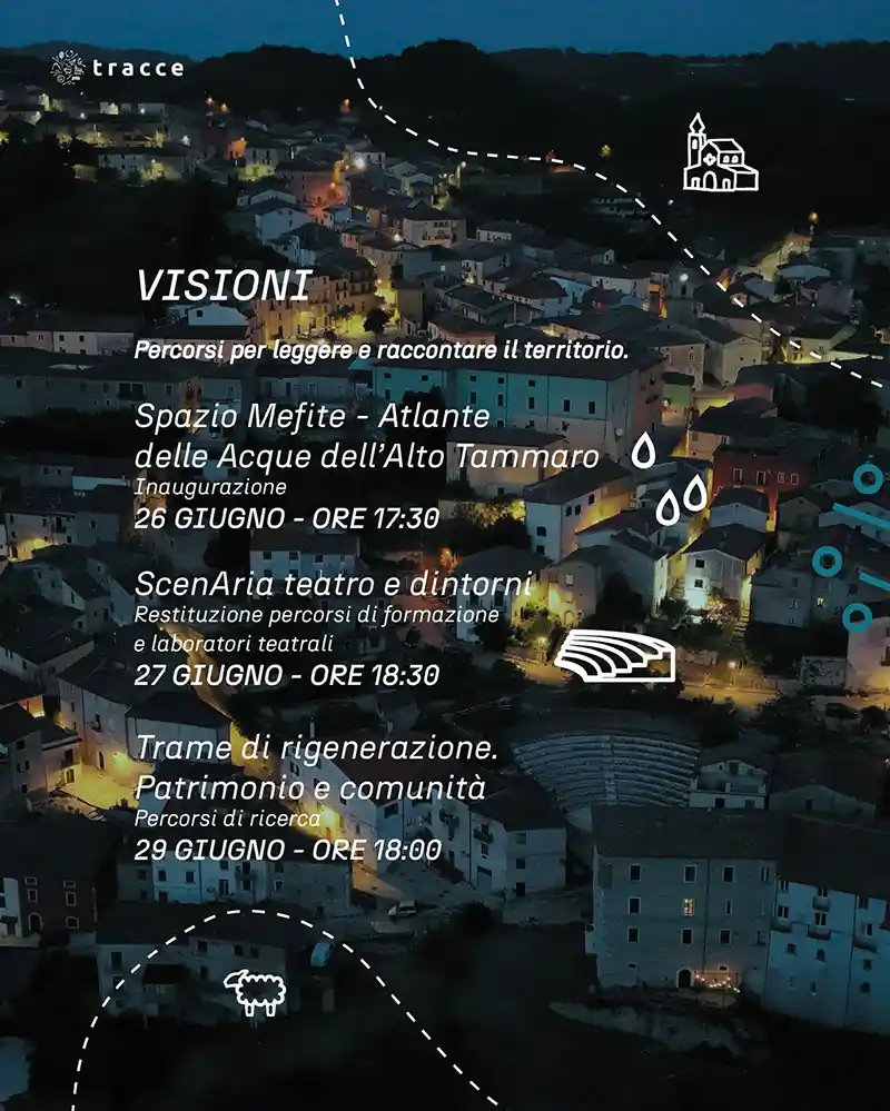 Programma degli eventi della sezione "Visioni" della settimana Territori in cammino, tracce di futuro.