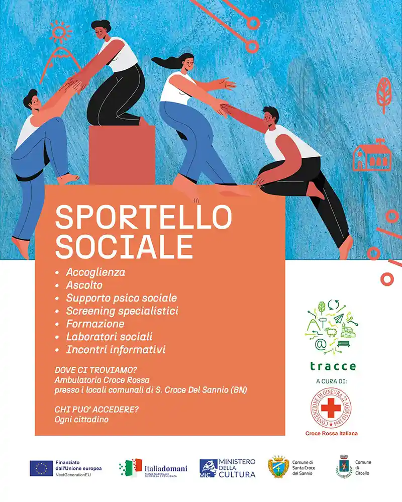 Locandina dello Sportello Sociale del progetto Tracce con i servizi di accoglienza, ascolto e supporto alla persona a Santa Croce del Sannio.