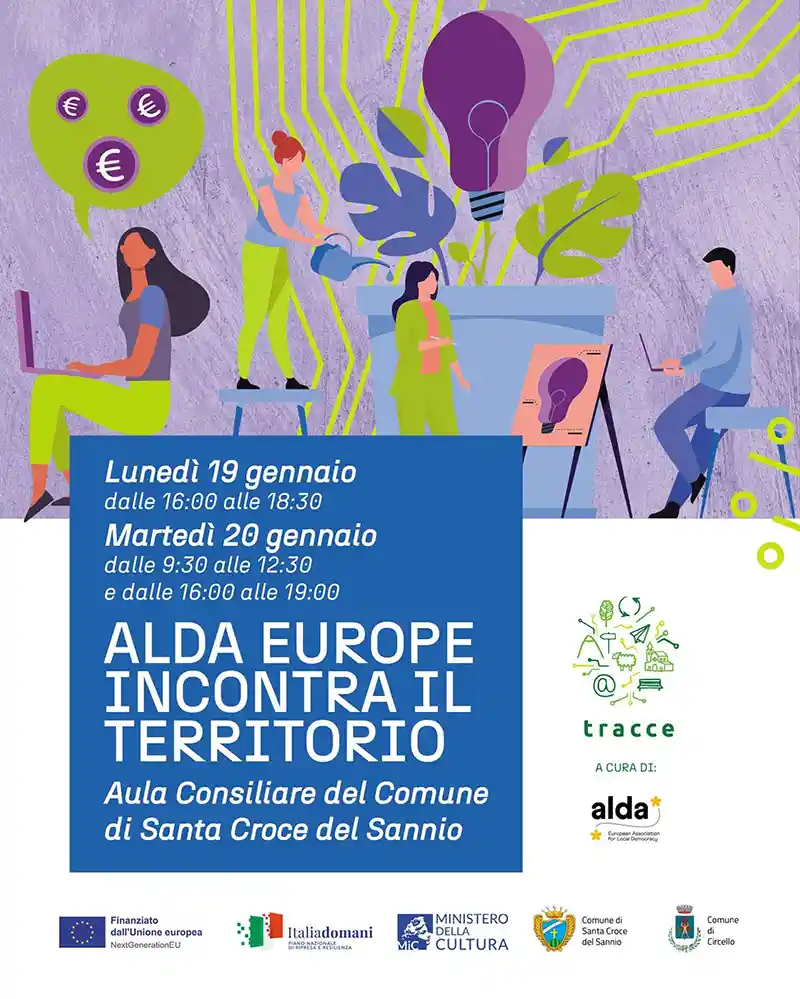 Locandina dell'evento “ALDA Europe incontra il territorio” con le date del 19 e 20 gennaio e sede presso l'Aula Consiliare del Comune di Santa Croce del Sannio.